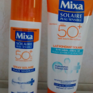 Swatch de mcpmcp : MIXA SOLAIRE PEAU SENSIBLE Lait Fondant et Spray Solaire SPF50 UVB, UVA, Mixa